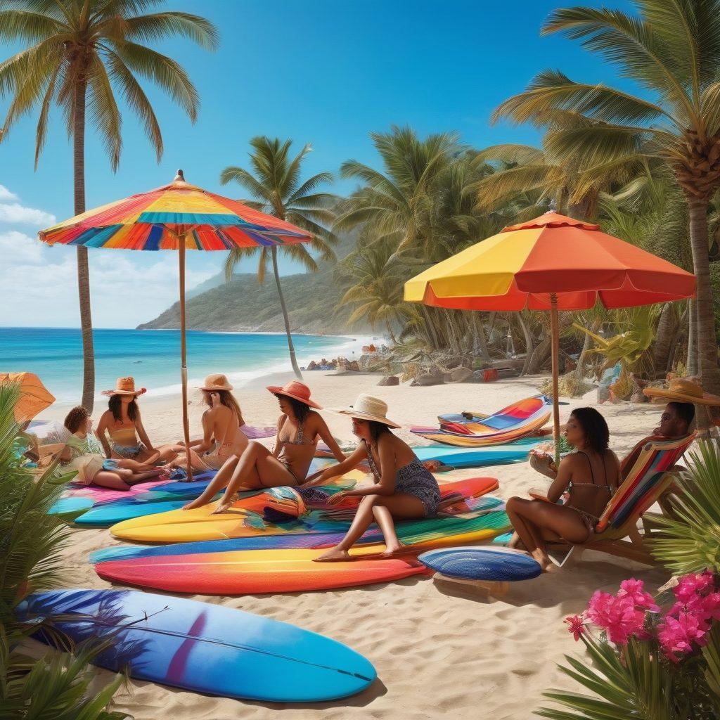 A colorful beach scene featuring diverse individuals in stylish beachwear, showcasing a mix of vibrant patterns and fabrics. Include elements like surfboards, beach umbrellas, and a clear blue sky, with the people engaging in activities like playing volleyball and sunbathing. Highlight the celebration of queer lifestyles through accessories like rainbow hats and pride flags. Add a tropical backdrop with palm trees and a sparkling ocean for an inviting atmosphere. vibrant colors. super-realistic. summer vibe.